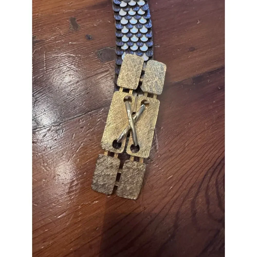 Vintage Art Deco Gold Metallic Fish Scale Elastic Glam Stretchy Belt - Picture 2 of 10